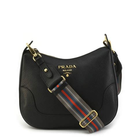 Prada Vitello Phenix Black Leather Web Stripe Crossbody 